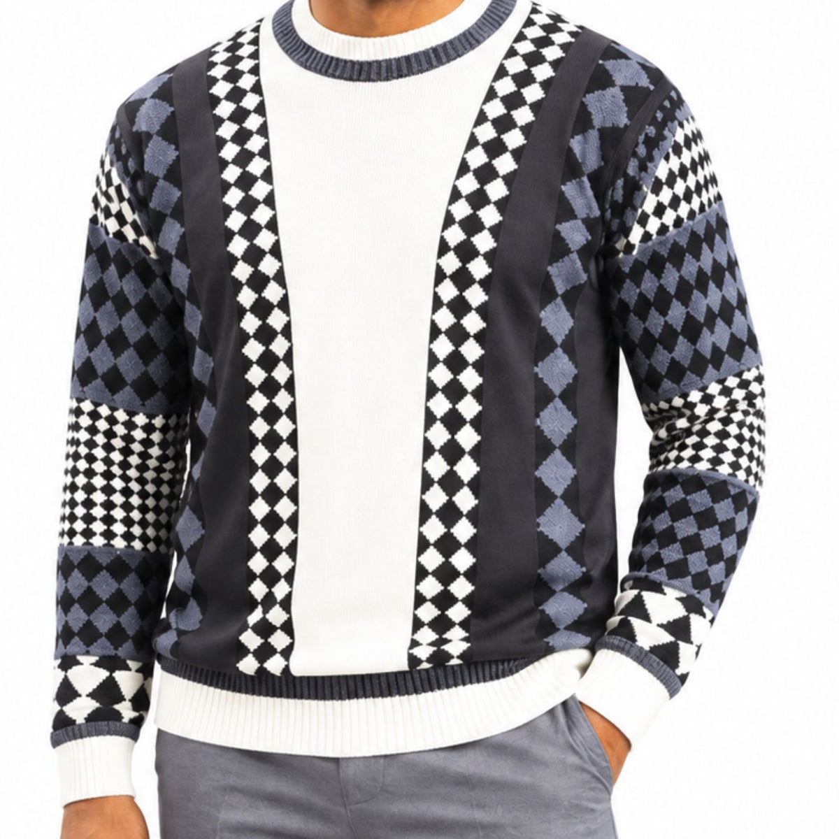 Stacy Adams 32027 grey geometric pu trim crewneck sweater - detail view