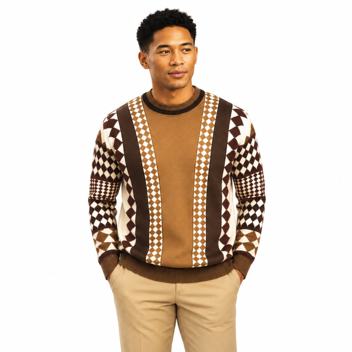 Stacy Adams 32027 taupe geometric pu trim crewneck sweater