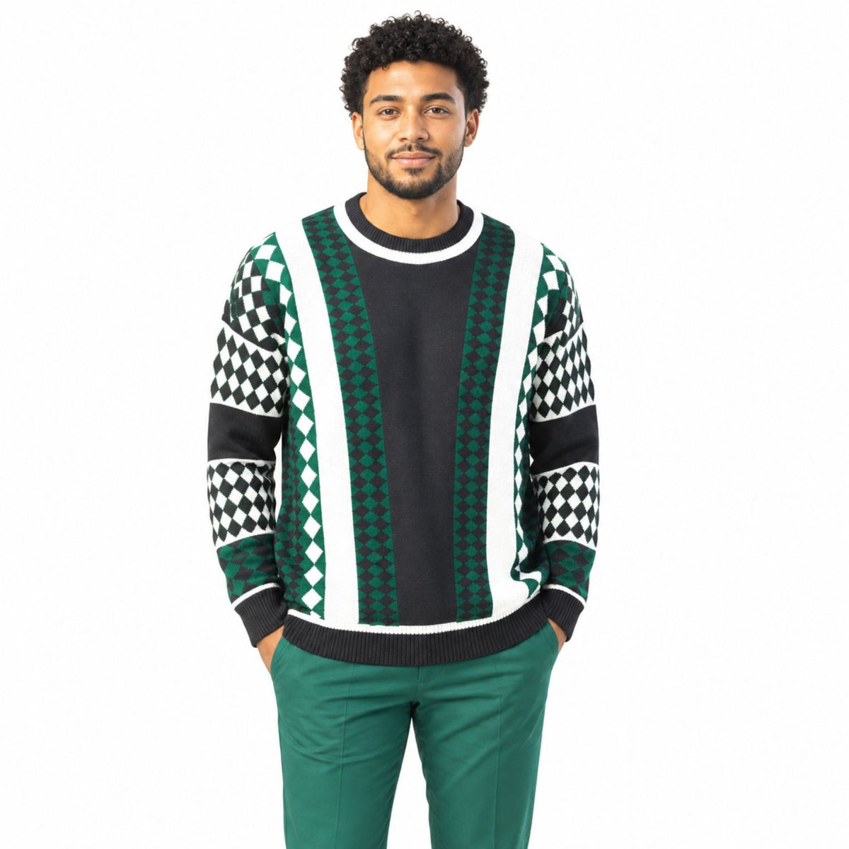 Stacy Adams 32027 teal geometric pu trim crewneck sweater