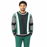 Teal Geometric PU Trim Crewneck Fancy Sweater by Stacy Adams