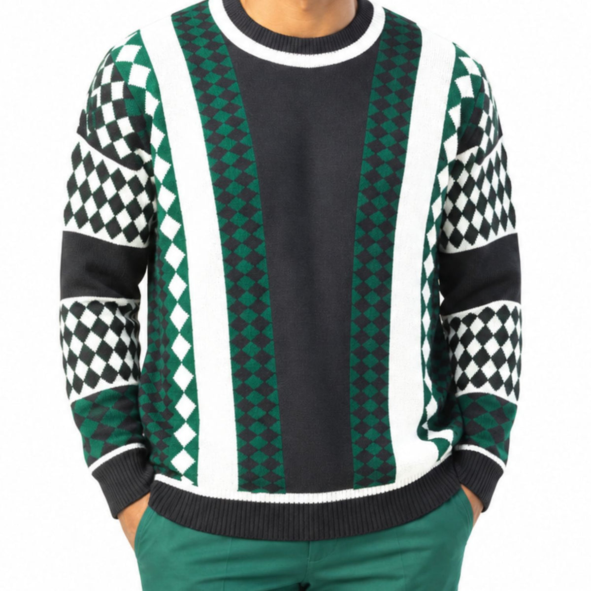 Stacy Adams 32027 teal geometric pu trim crewneck sweater - detail view