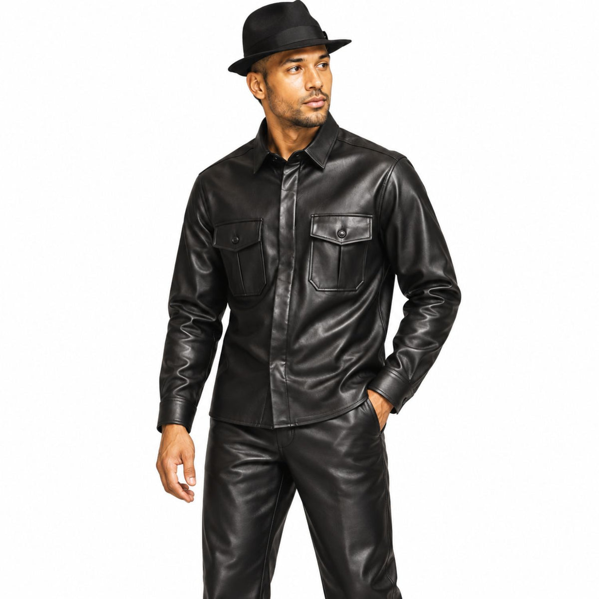 man wearing black PU 2-piece walking set by Stacy Adams