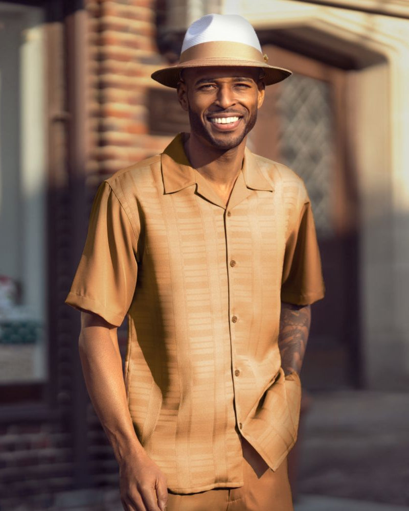 Camel tone-on-tone men's walking suit short sleeve 2-piece set with matching hat