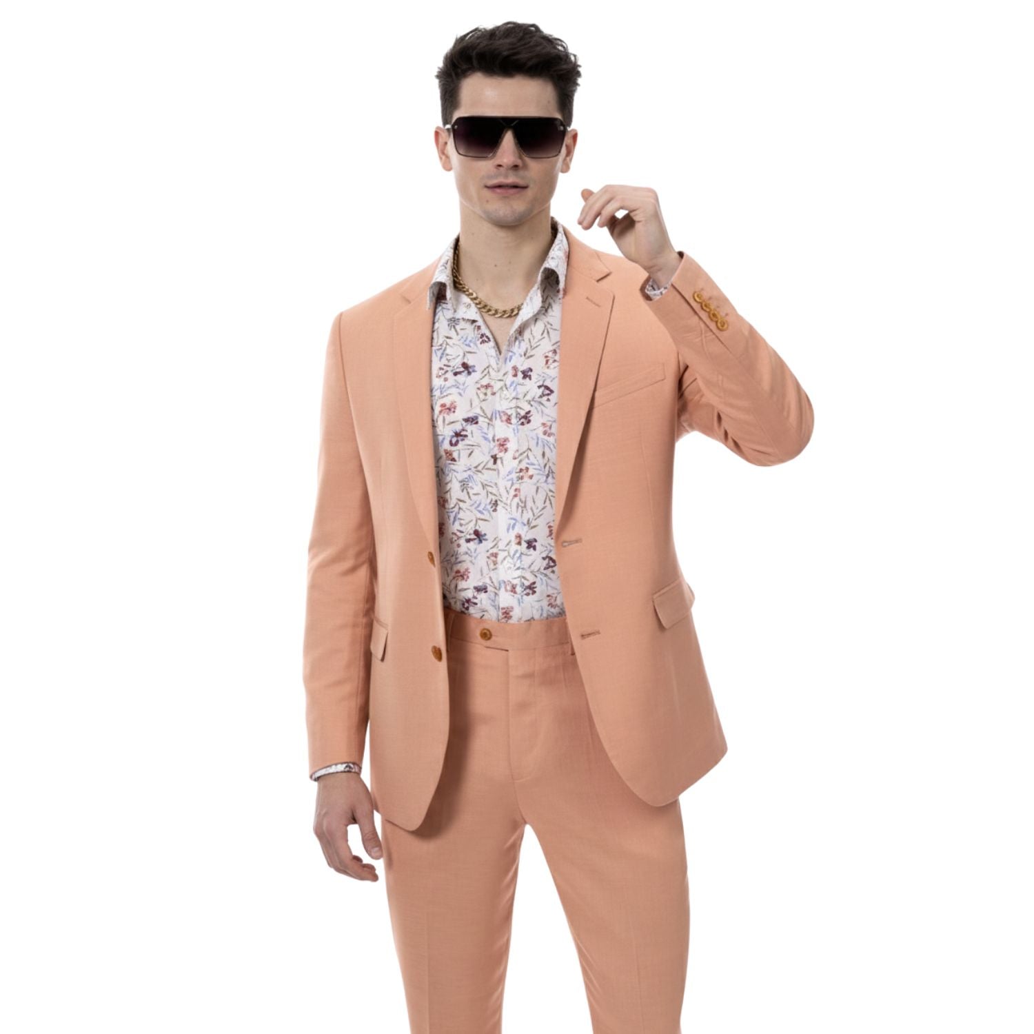 salmon 2 piece linen suit front view