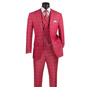 Men’s 3-Piece Windowpane Modern Fit Suit with Vest and Flat Front Pants - Raspberry