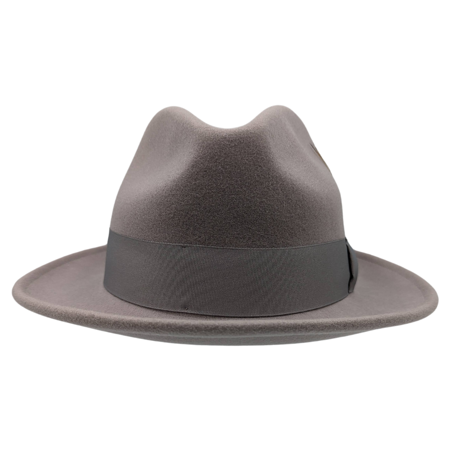 ash grey felt fedora pinch crown hat with feather detail