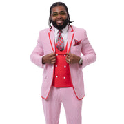 Men’s Seersucker 3-Piece Suit with Contrast Trim and Vest - Red