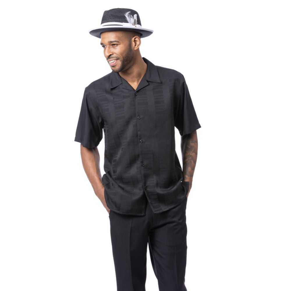 Black tone-on-tone men's walking suit short sleeve 2-piece set with matching hat