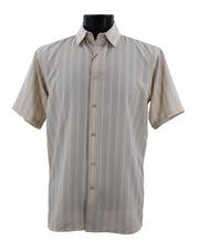 Regent's Line Beige Vertical Stripe Microfiber Short Sleeve Shirt – Full Cut
