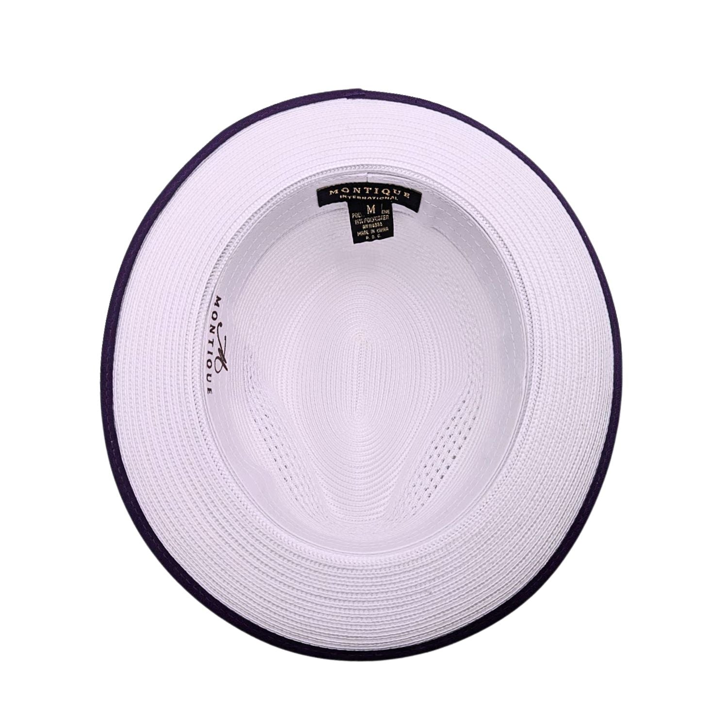 White and purple Montique fedora interior view showing white woven crown, purple brim trim, and branded inside lining