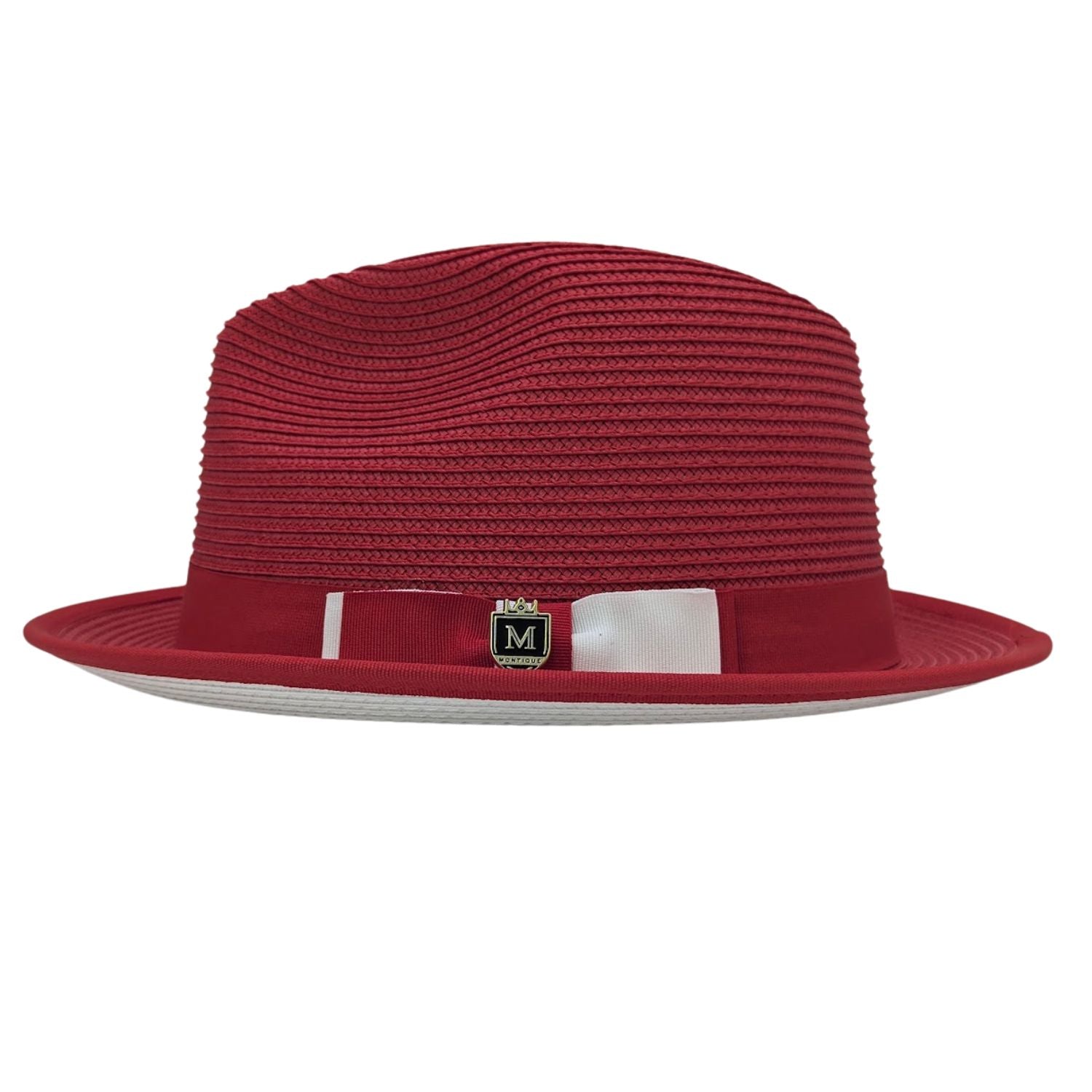 Montique red straw fedora hat with white bottom side view with red and white bow band