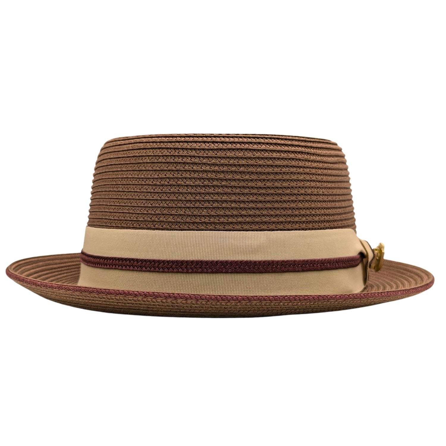Cappuccino Montique pork pie straw hat front view showing beige grosgrain band and burgundy accent cord