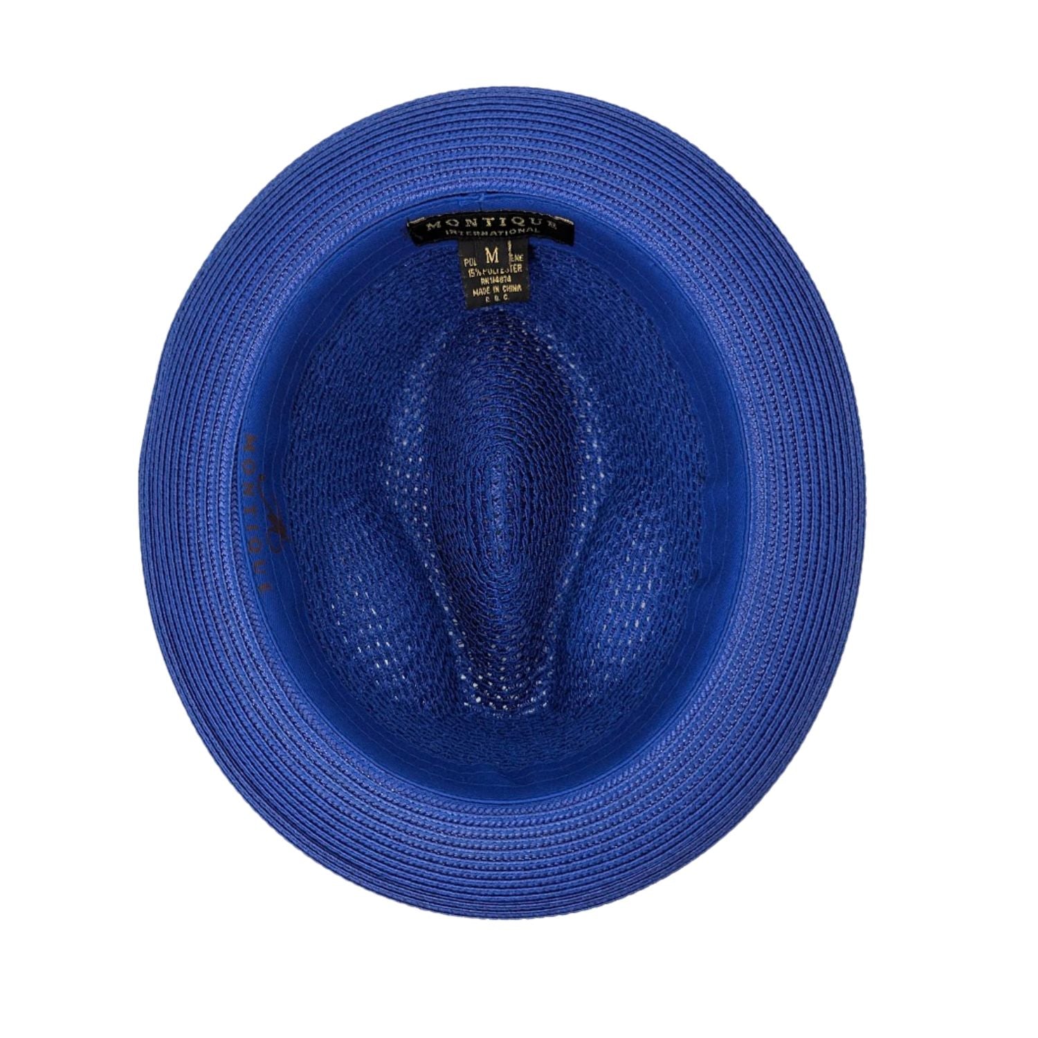 Montique royal blue straw fedora hat inside view showing branded label, sweatband, and woven brim