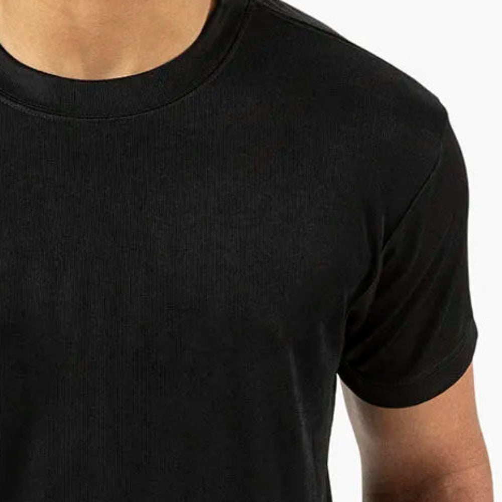 close-up of black crew neck short sleeve t shirt