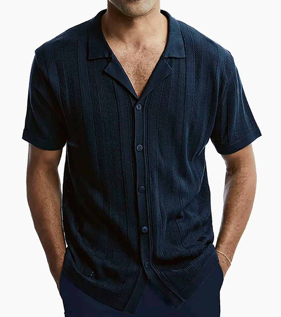 Knitted Design Polo Short Sleeve Shirt 51001 Navy Suits More