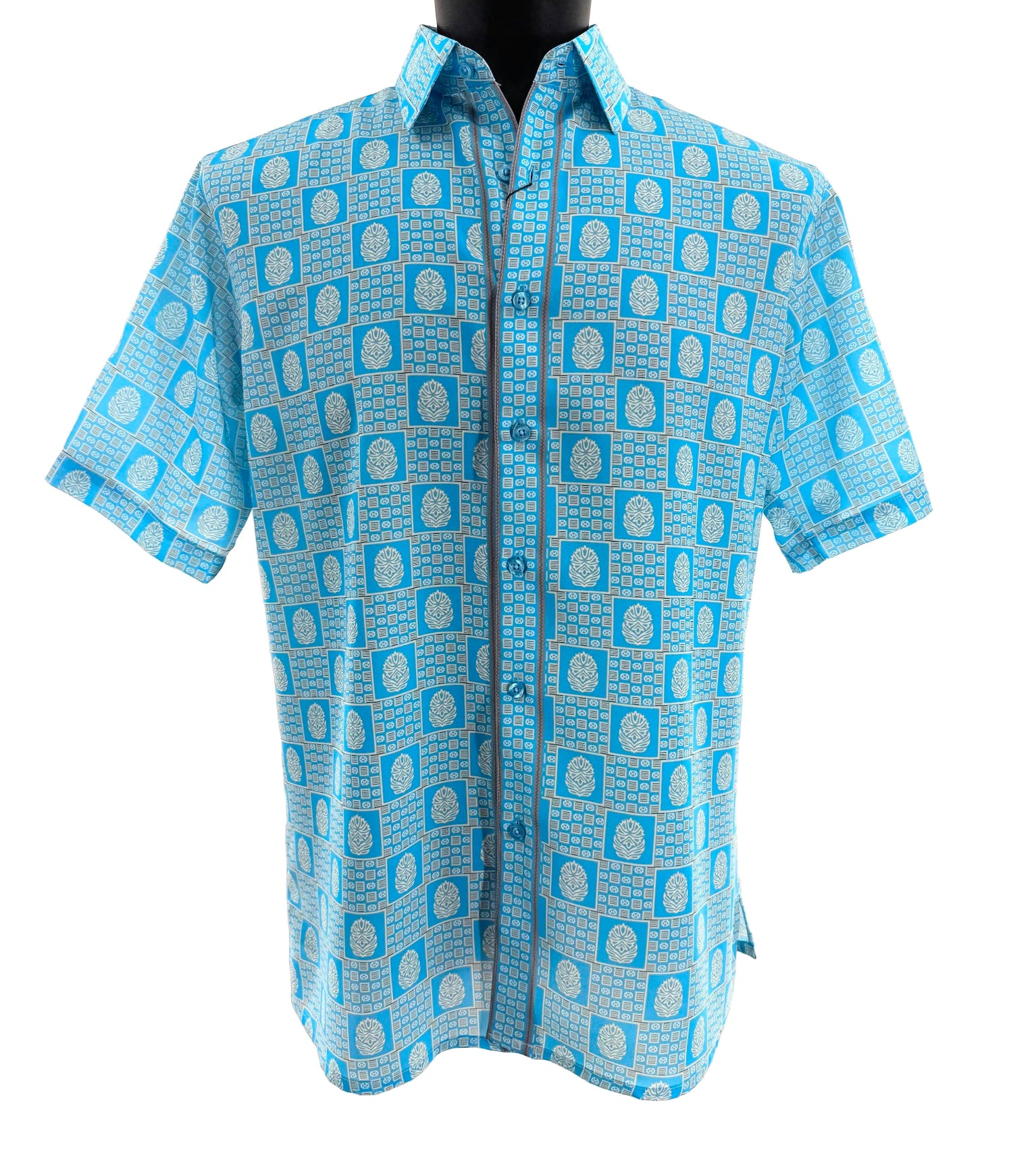 Turquoise geometric medallion print short sleeve shirt