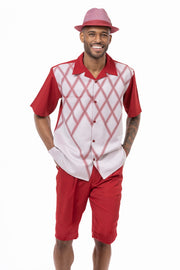 Cranberry 2 Piece Criss Cross Print Regular Fit Short Pants Walking Suit by Montique