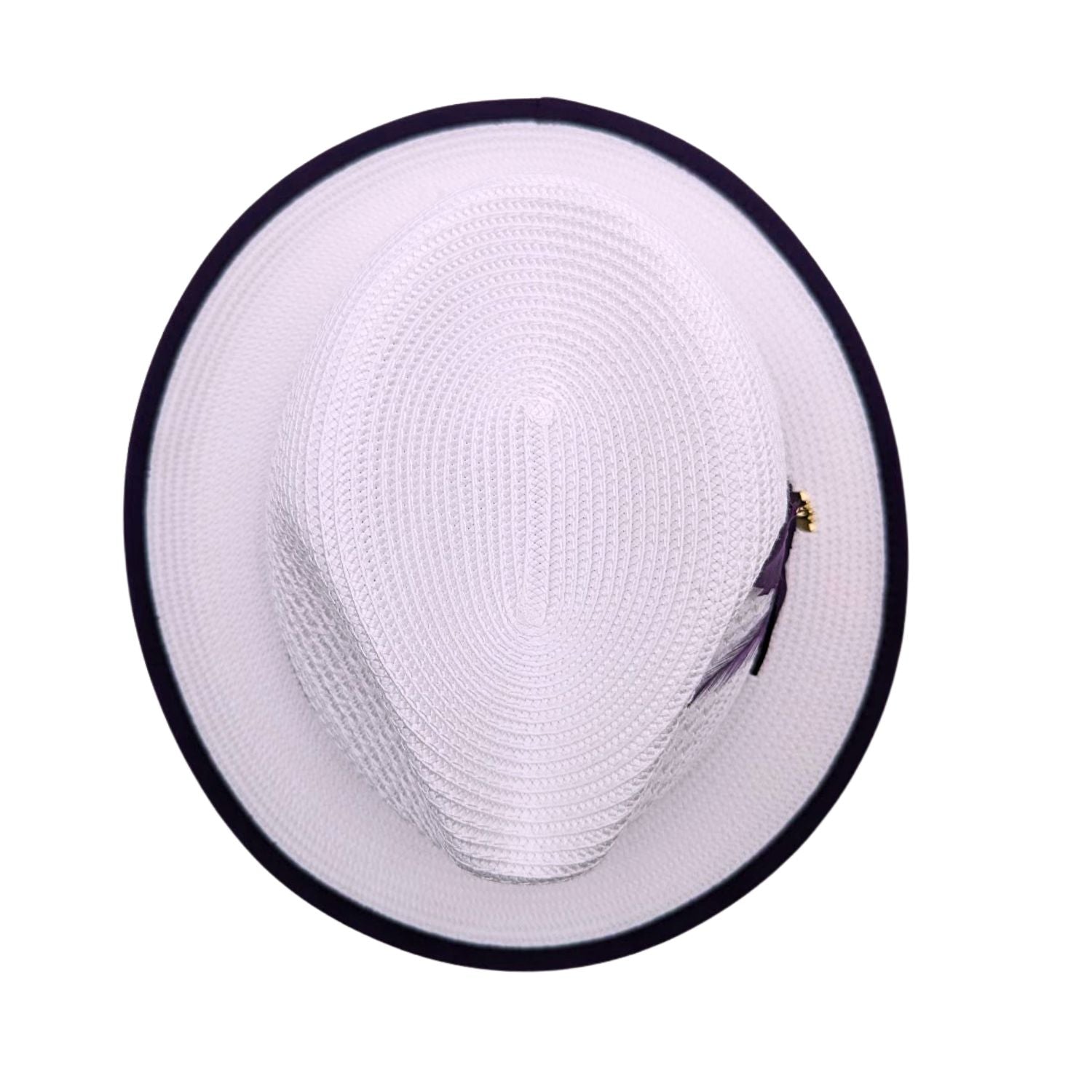White and purple Montique fedora top view with pinched crown shape, purple brim trim, and side feather detail