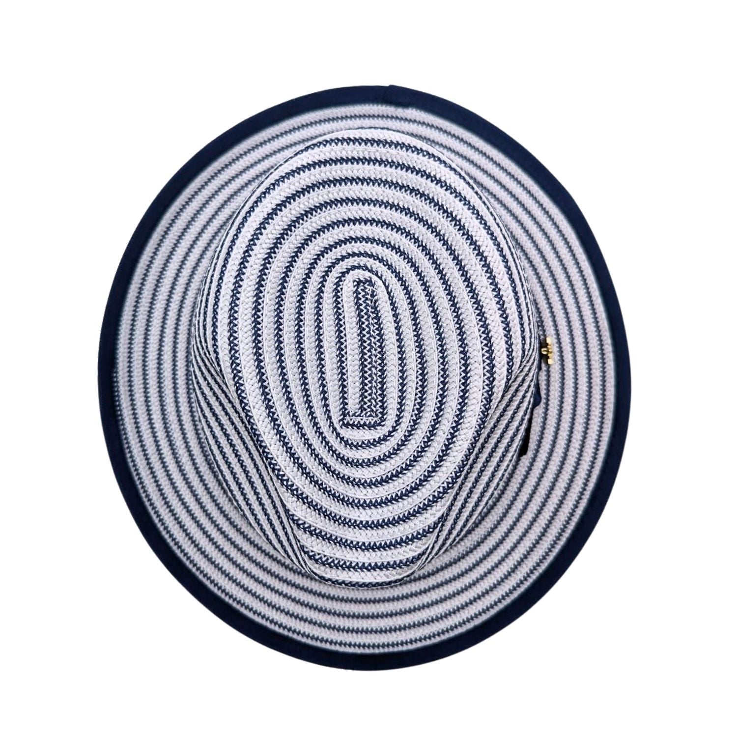 Navy and white Montique fedora top view showing striped woven crown, pinched crown shape, and navy brim edge