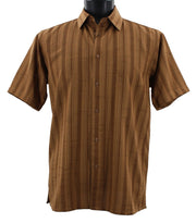 Men’s Brown Striped Microfiber Short Sleeve Shirt - Full Cut