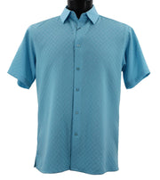 Men’s Aqua Blue Geometric Microfiber Short Sleeve Shirt - Full Cut