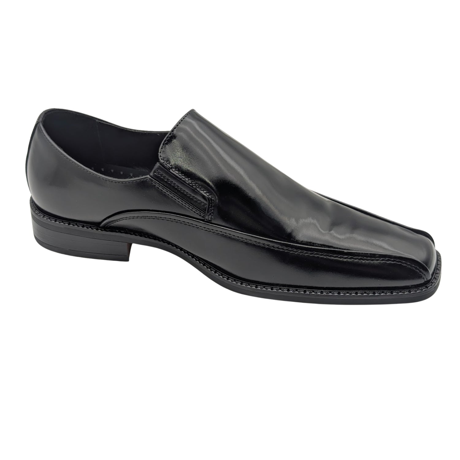 black polished slip-on dress shoe side view