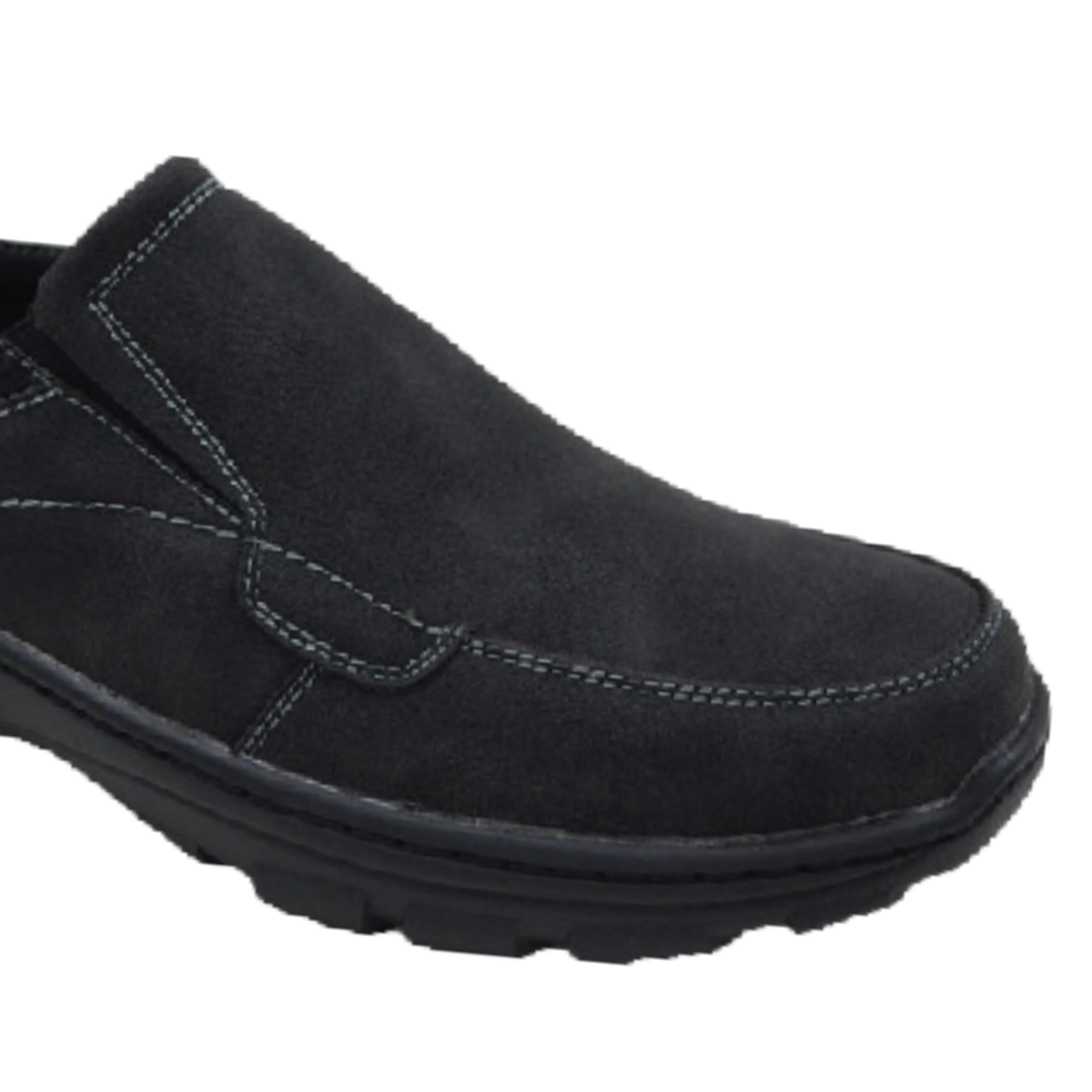 close-up of black men’s slip-on casual shoe with nubuck upper, contrast stitching, padded collar, and rugged black outsole