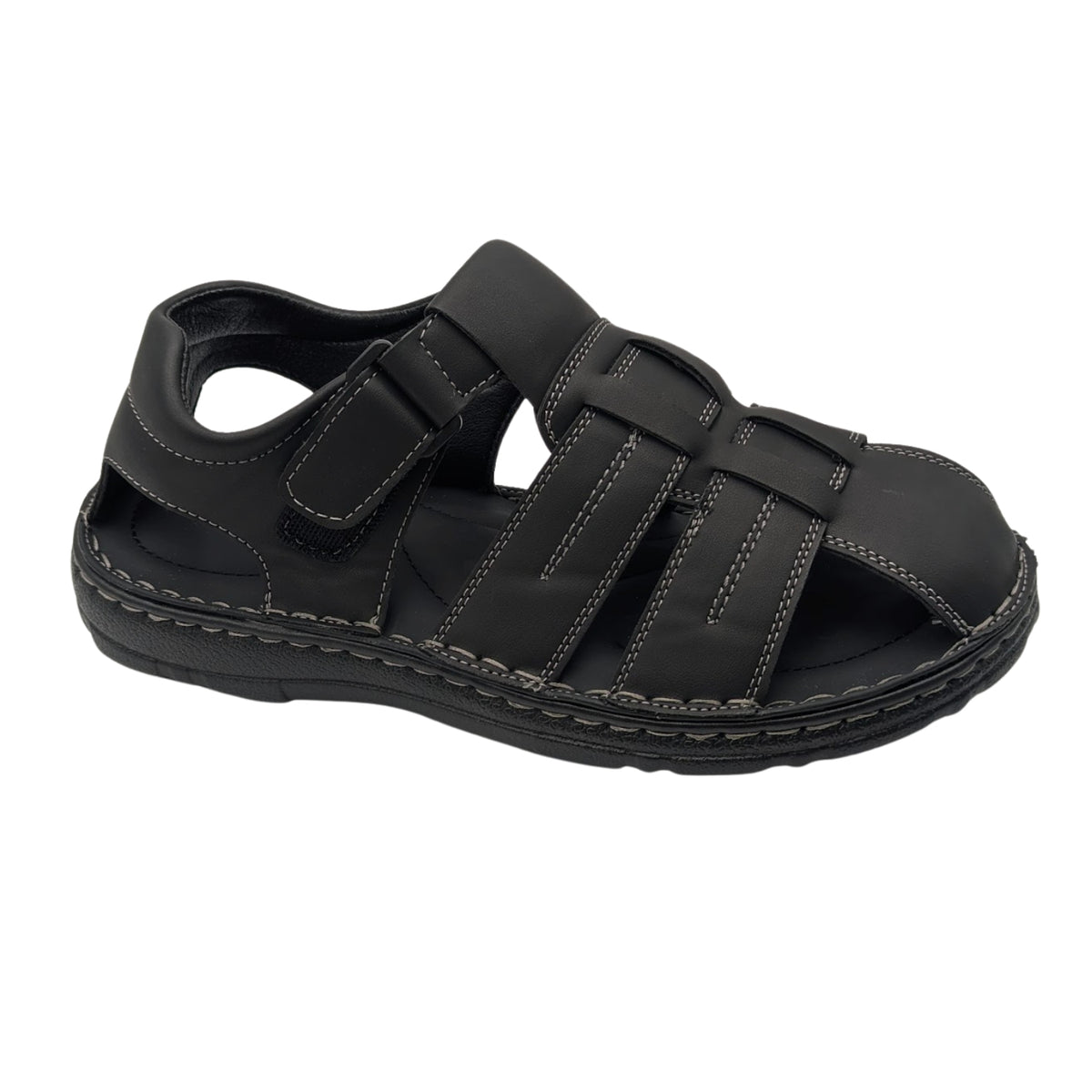 black closed toe fisherman sandal with contrast stitching side view