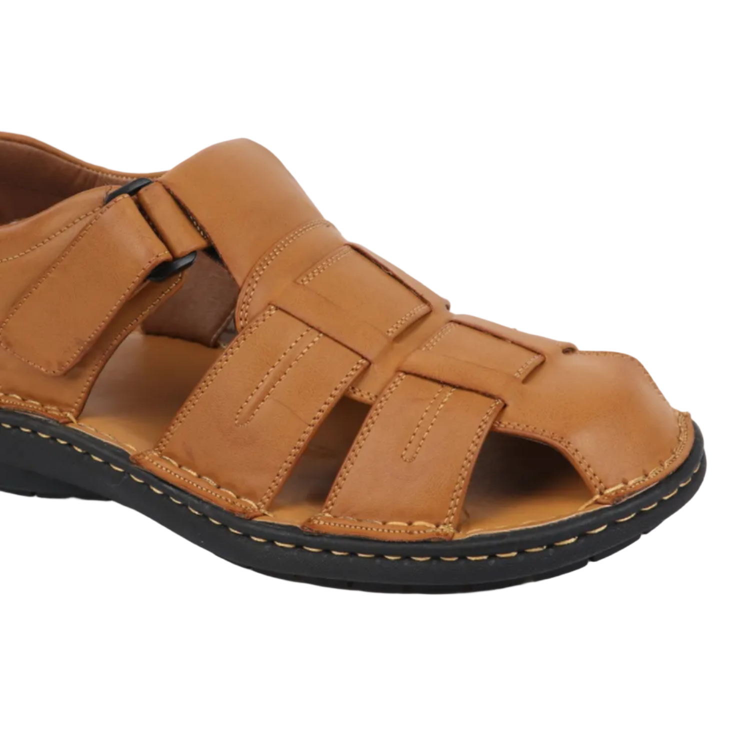 brown fisherman sandal side view with closed toe