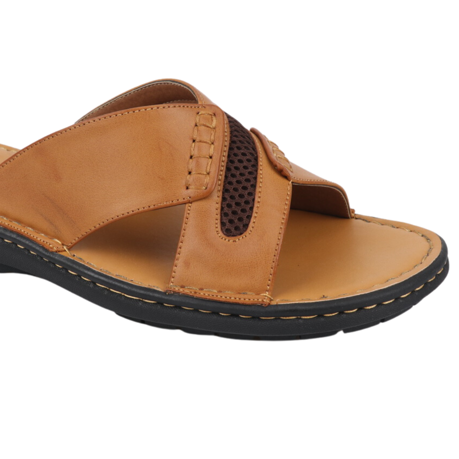 brown criss cross slide sandal close up view