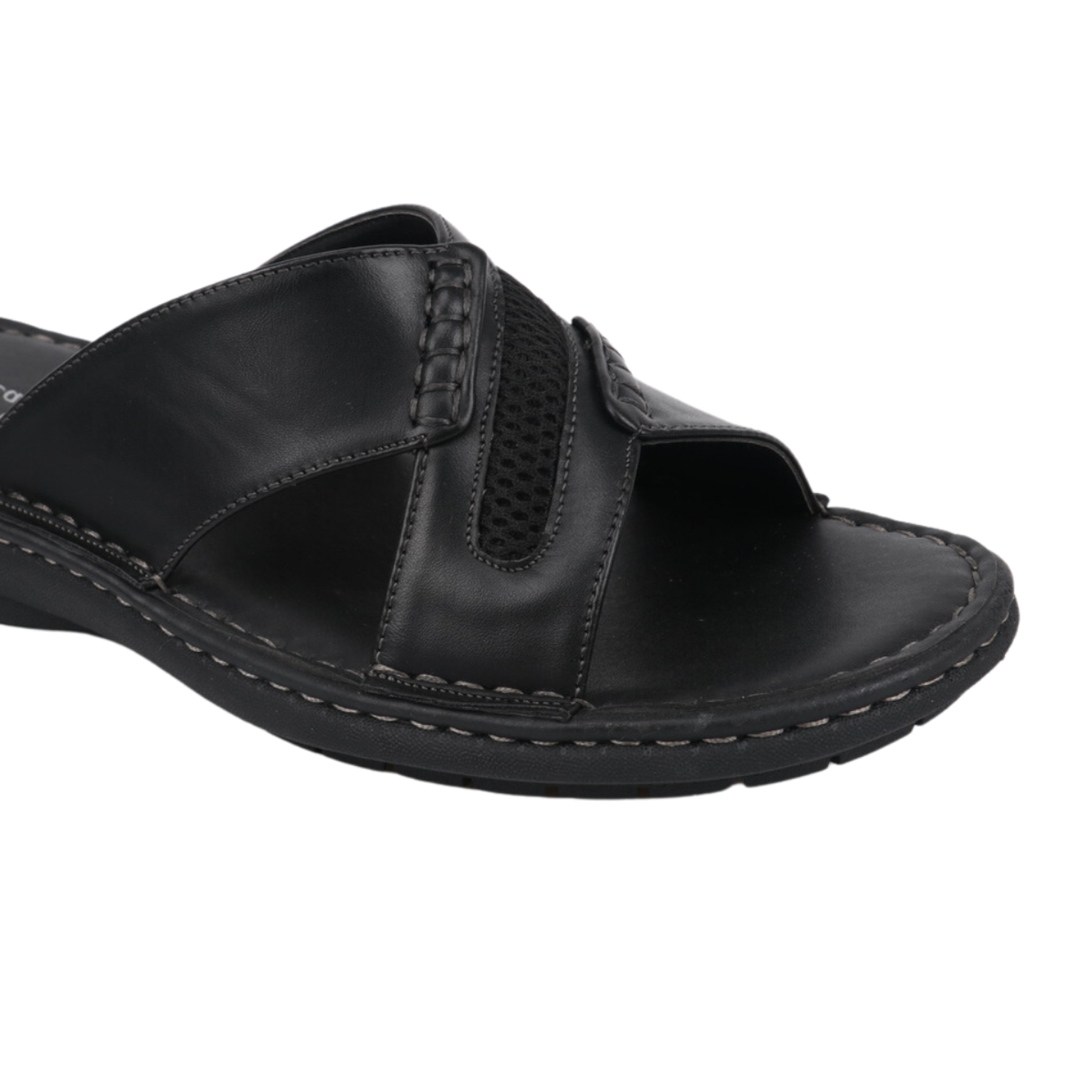 black criss cross slide sandal close up view