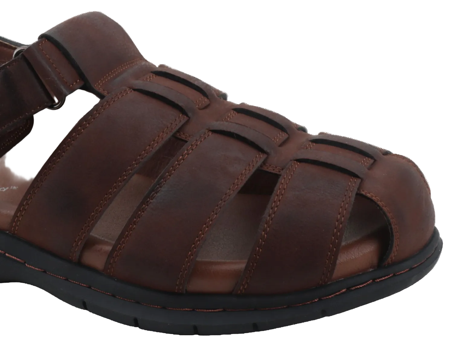 close up of brown fisherman sandal upper and heel strap