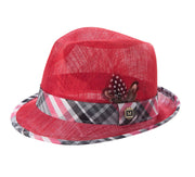 Red Sinamay Straw Stingy Brim Pinch Fedora Hat by Montique