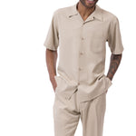Montique Khaki Walking Suit 2 Piece Solid Color Short Sleeve Set 696