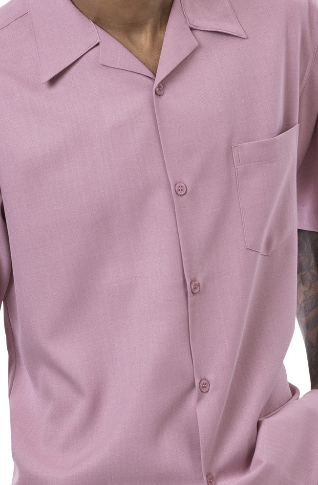 Close-up of rose 100% polyester fabric showing the solid texture and button detail