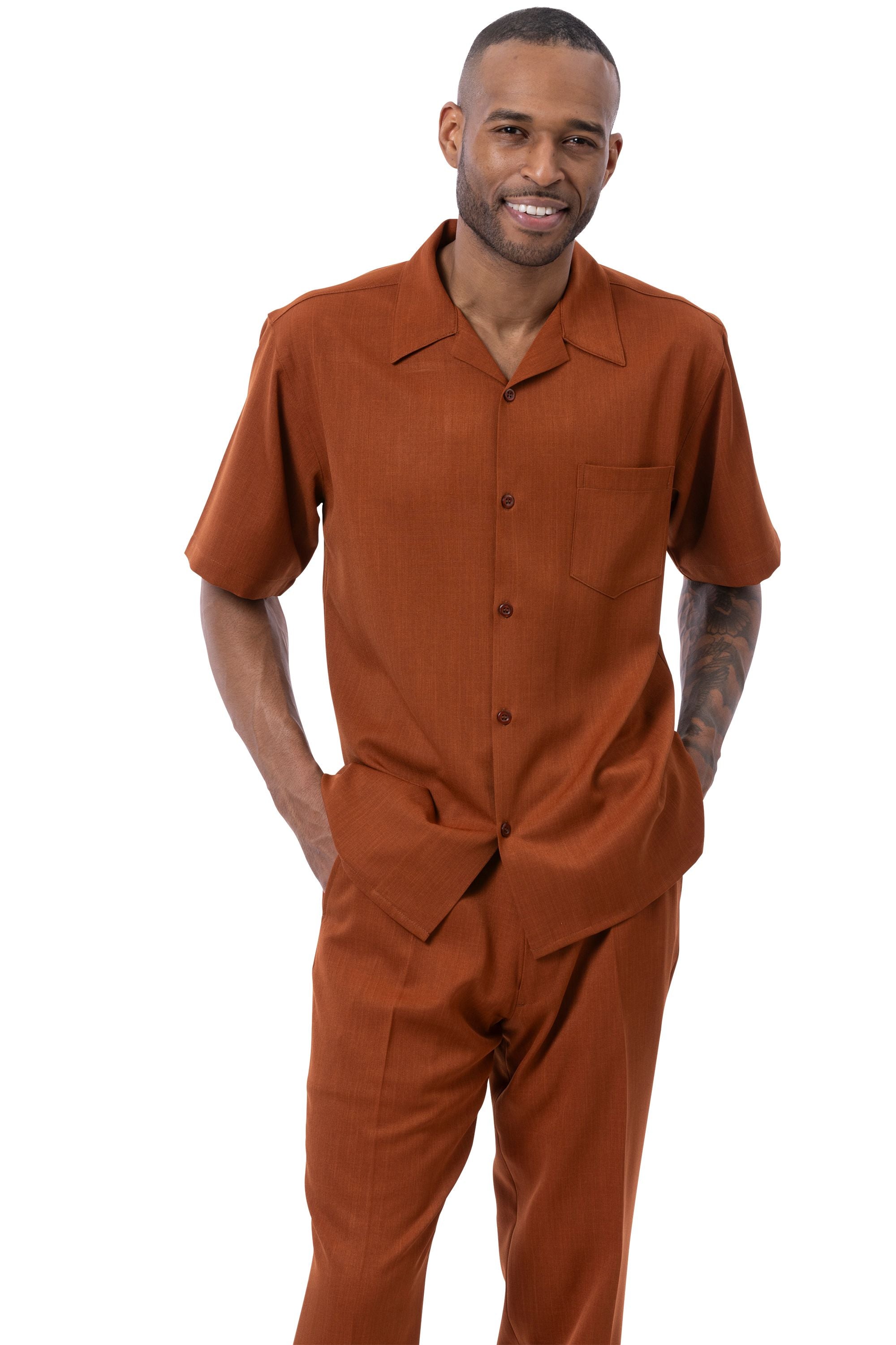 Cognac solid men's walking suit short sleeve 2-piece set with matching pants and hat