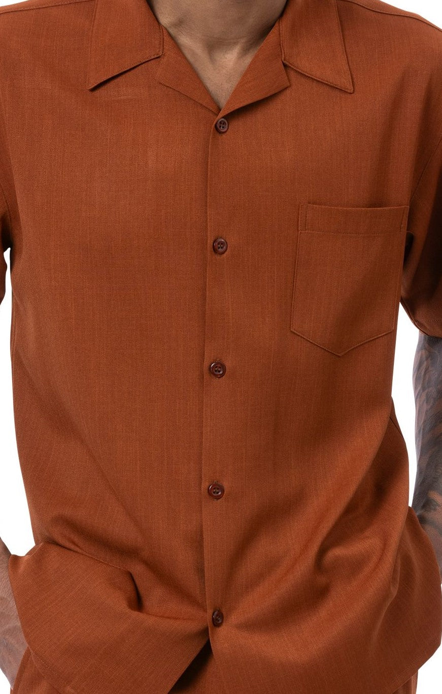 Close-up of cognac 100% polyester fabric showing the solid texture and button detail