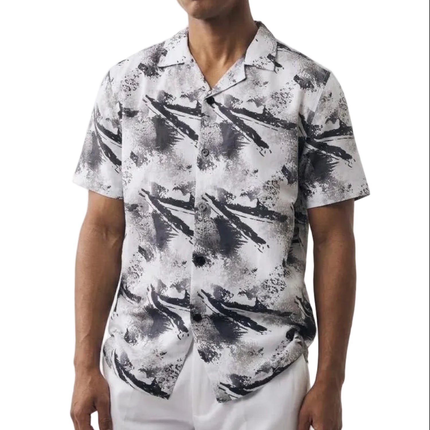 men’s black abstract splatter print short sleeve linen shirt