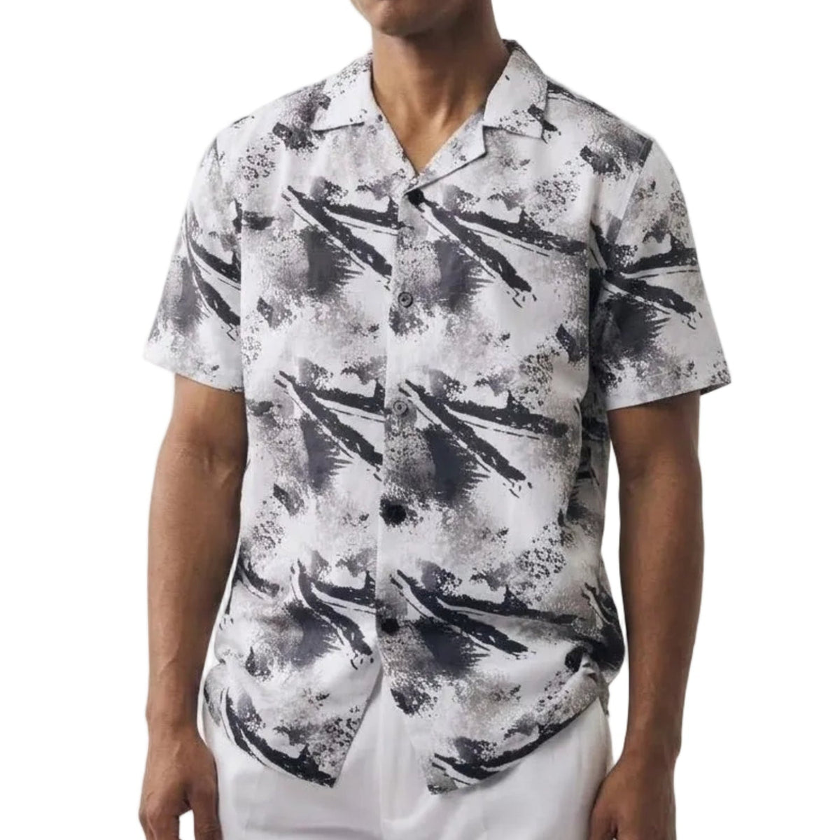 men’s black abstract splatter print short sleeve linen shirt