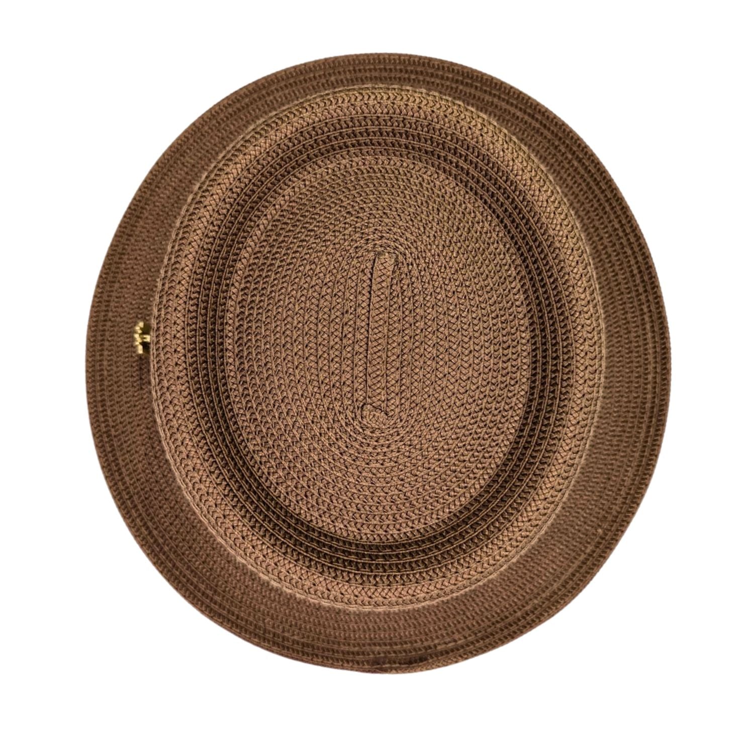 Cappuccino Montique pork pie straw hat top view showing flat crown shape, woven texture, and structured brim