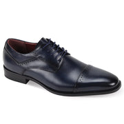 Navy Genuine Leather Cap Toe Lace-Up Dress Shoes with Brogue Detailing