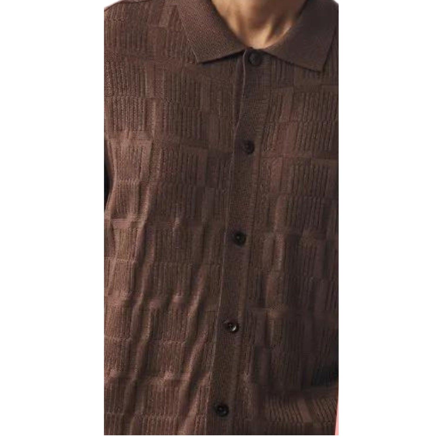 close up of brown textured knit shirt ribbed stripe pattern