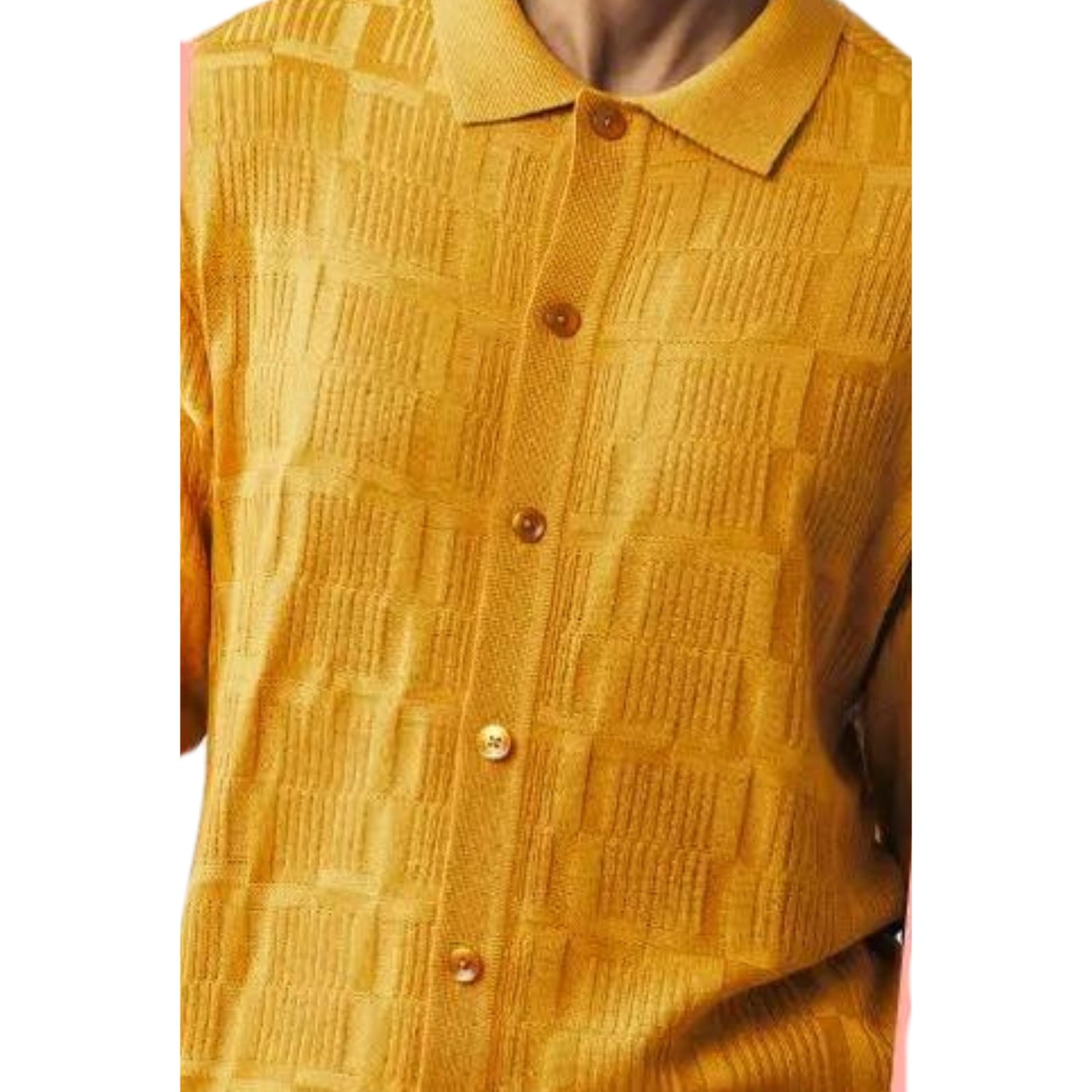 close up of gold textured knit shirt ribbed stripe pattern