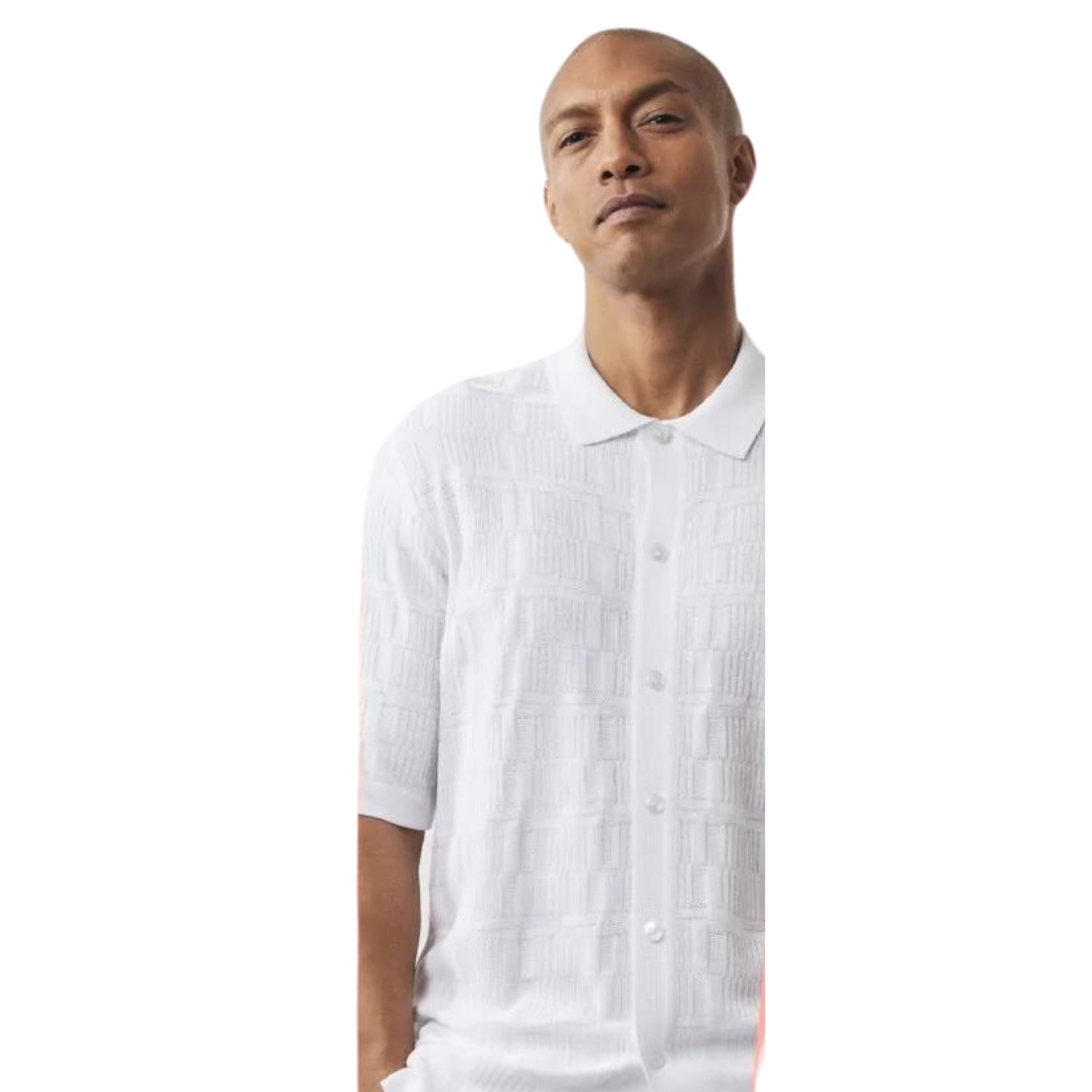 men’s white textured knit button-down short sleeve shirt front view