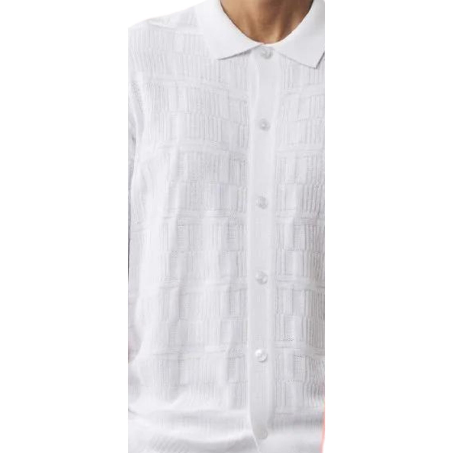 close up of white textured knit shirt ribbed stripe pattern
