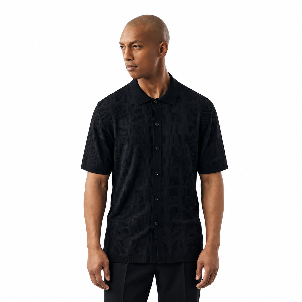 men’s black textured knit button-down short sleeve shirt front view