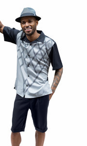 Black 2 Piece Criss Cross Print Regular Fit Short Pants Walking Suit by Montique