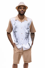 Tan Tropical Print 2-Piece Short Sleeve Walking Suit Shorts Set