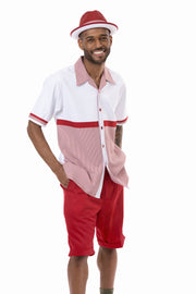 Houndstooth Horizontal Red 2 Piece Color Block Regular Fit Short Pants Walking Suit by Montique
