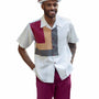 Montique Burgundy Square Pattern Walking Suit 2 Piece SHORT PANTS Set 72309